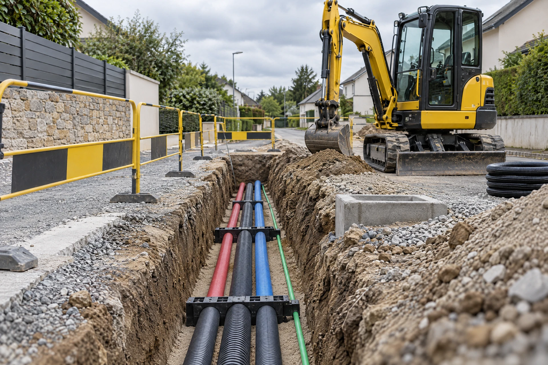 Visuel d’illustration de travaux VRD avec tranchée technique et engin générique